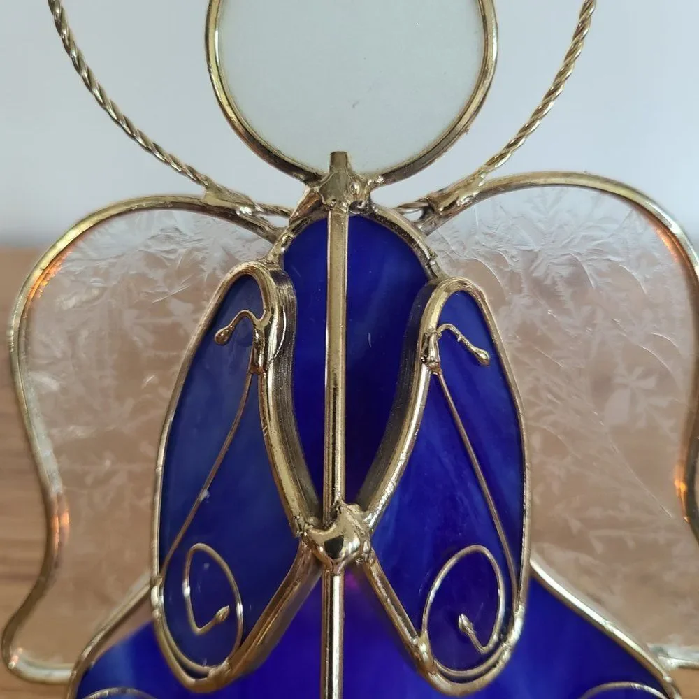 Vintage Stained Glass Tealight Holder Angel Trumpet Candle Display Cobalt Blue